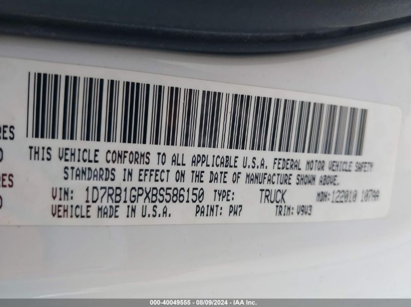 2011 Ram Ram 1500 Slt VIN: 1D7RB1GPXBS586150 Lot: 40049555