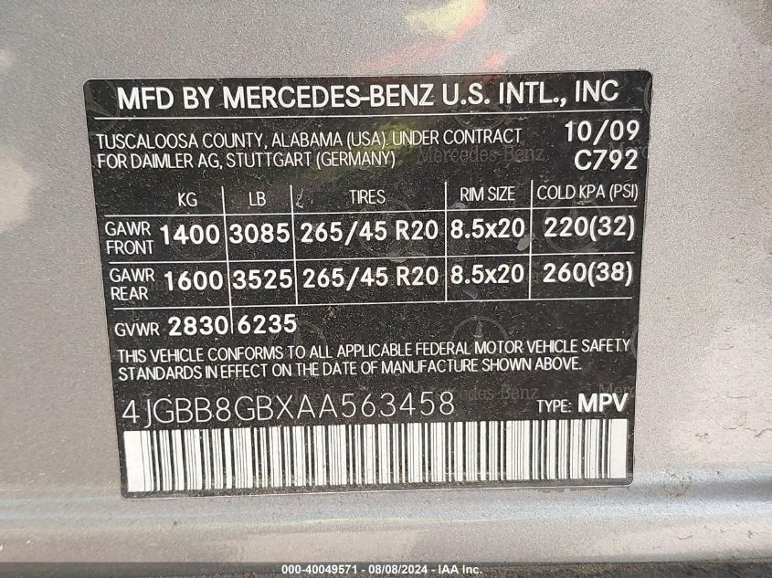 2010 Mercedes-Benz M-Class 350 4Matic VIN: 4JGBB8GBXAA563458 Lot: 40049571