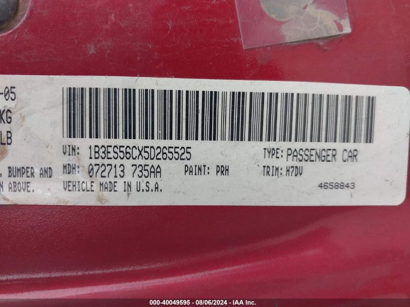 2005 Dodge Neon Sxt VIN: 1B3ES56CX5D265525 Lot: 40049595