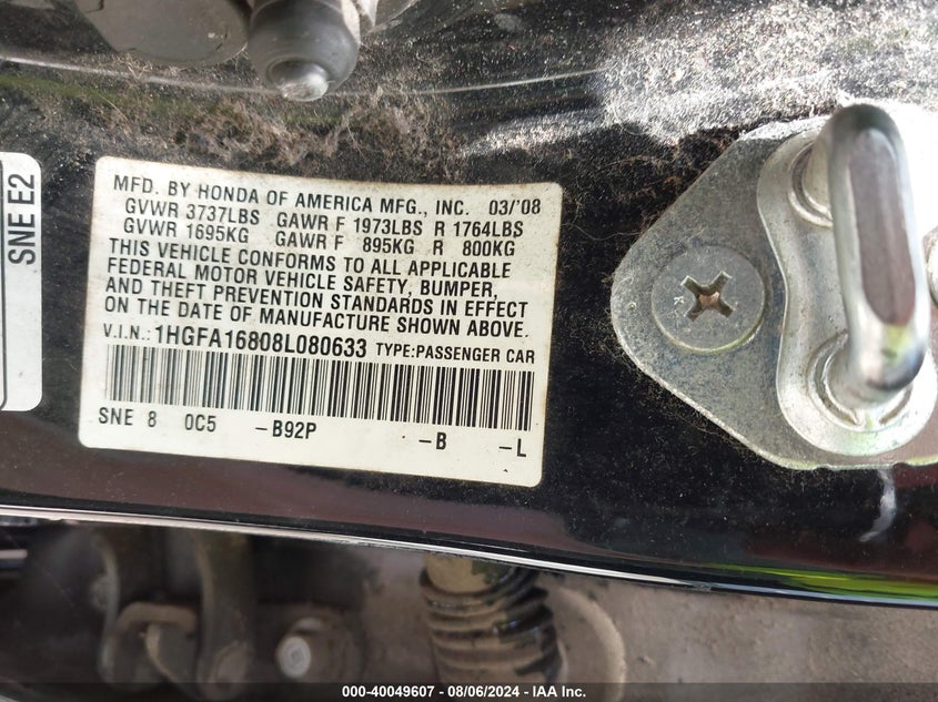 2008 Honda Civic Ex VIN: 1HGFA16808L080633 Lot: 40049607