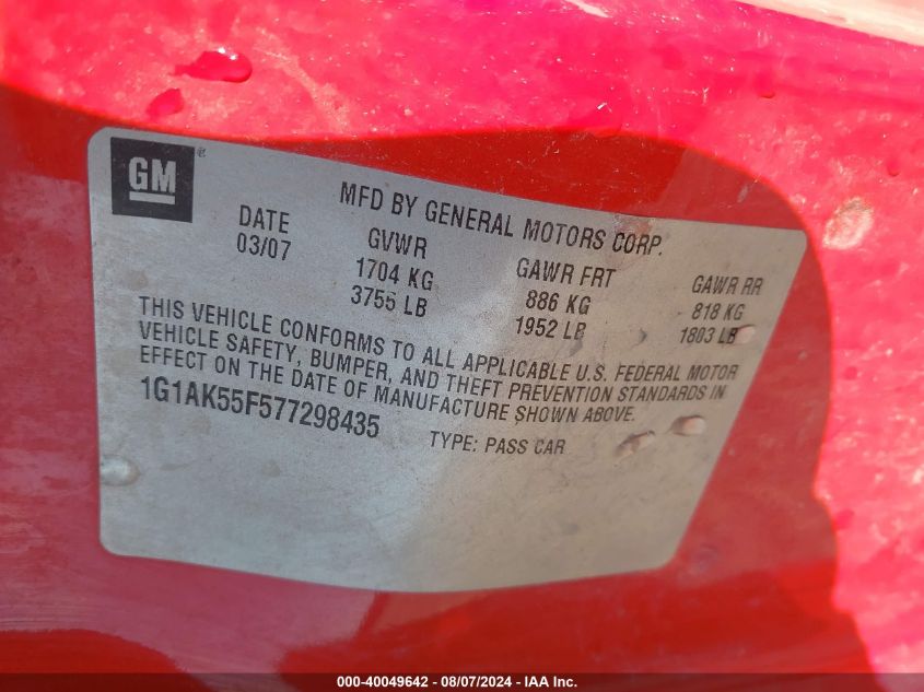 2007 Chevrolet Cobalt Ls VIN: 1G1AK55F577298435 Lot: 40049642