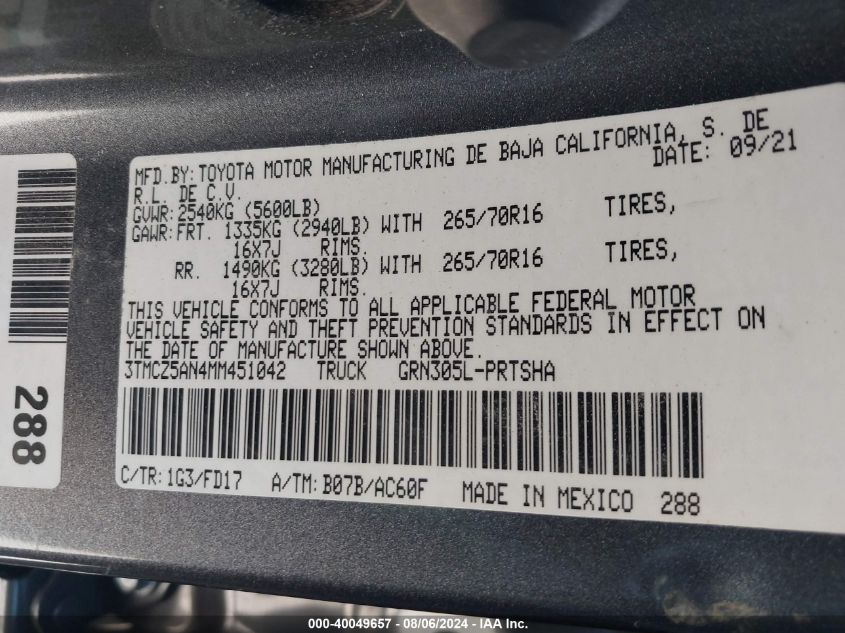 2021 Toyota Tacoma Double Cab/Sr/Sr5/Trd Spo VIN: 3TMCZ5AN4MM451042 Lot: 40049657