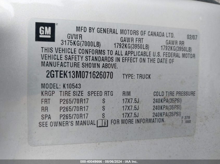 2007 GMC Sierra 1500 Sle1 VIN: 2GTEK13M071626070 Lot: 40049666