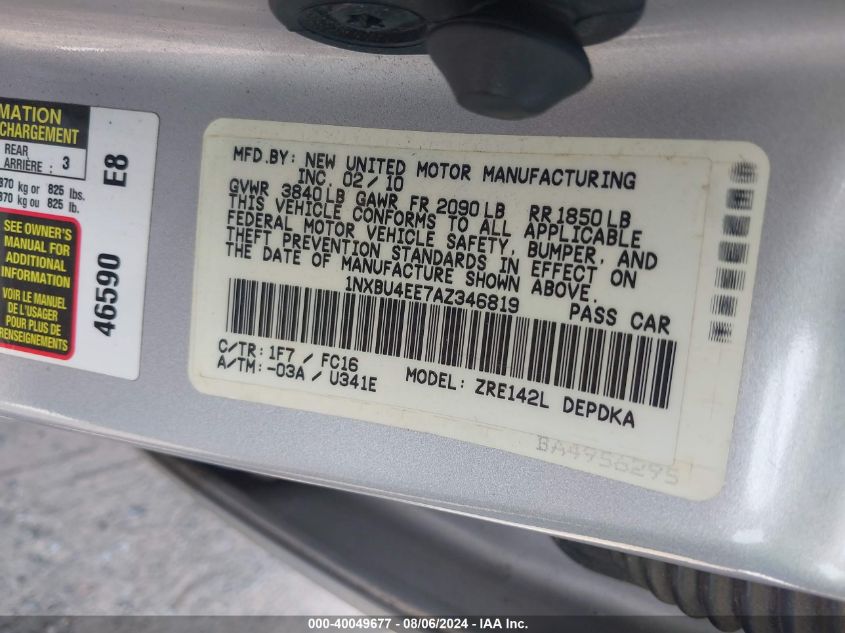 2010 Toyota Corolla Le VIN: 1NXBU4EE7AZ346819 Lot: 40049677