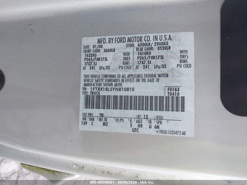 2000 Ford F-150 Lariat/Work Series/Xl/Xlt VIN: 1FTRX18L5YNB10810 Lot: 40049681