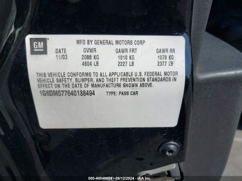 2004 Cadillac Cts Standard VIN: 1G6DM577640138494 Lot: 40049684