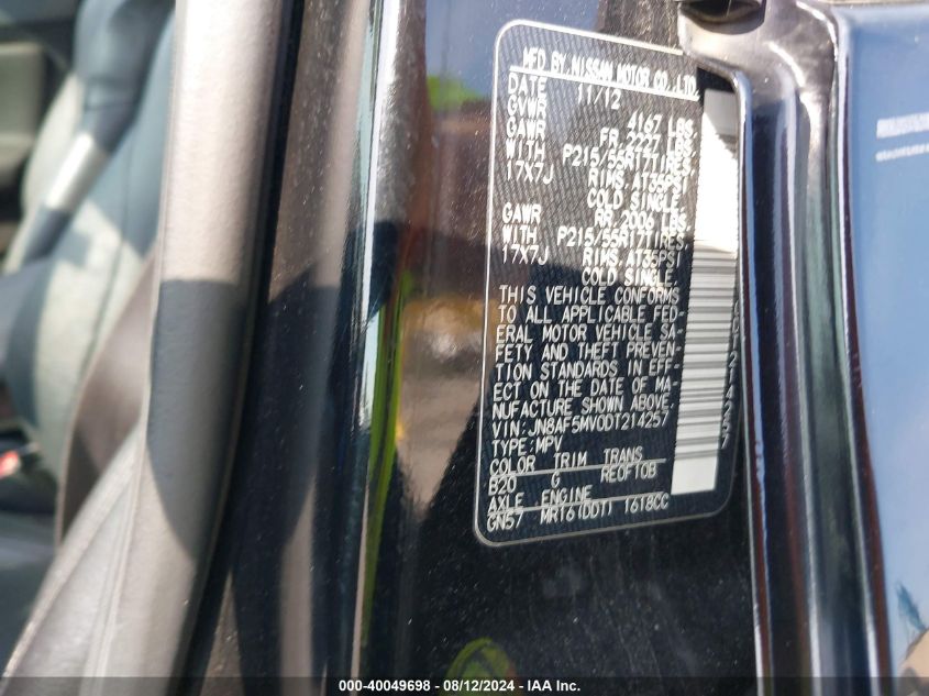 2013 Nissan Juke Sv VIN: JN8AF5MV0DT214257 Lot: 40049698