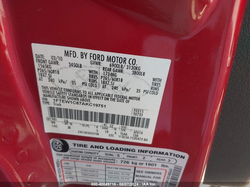 2010 Ford F-150 Fx2 Sport/Xl/Xlt VIN: 1FTEW1C87AKC19751 Lot: 40049718