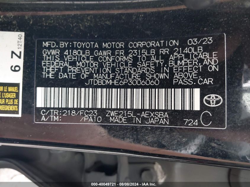 2023 Toyota Corolla Hybrid Se VIN: JTDBDMHE6P3006060 Lot: 40049721