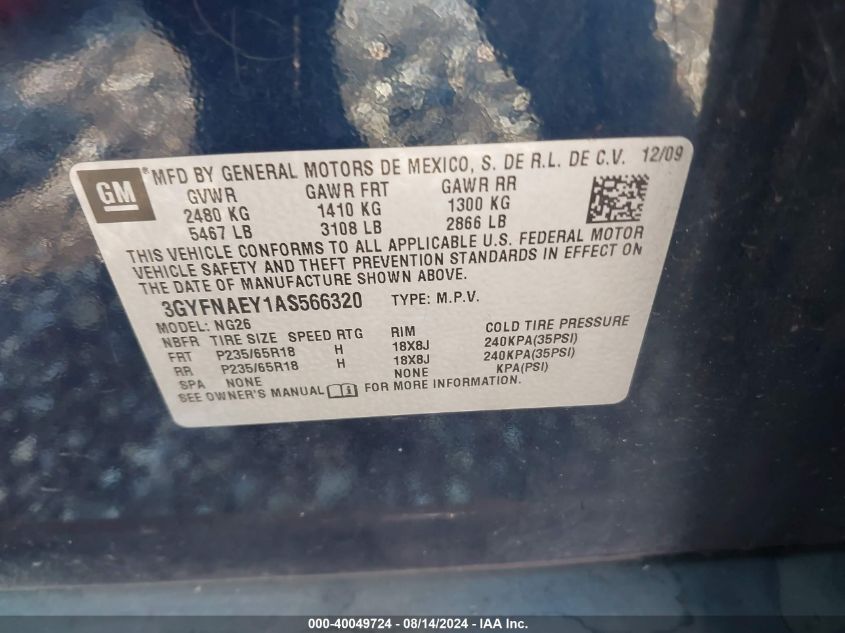 2010 Cadillac Srx Luxury Collection VIN: 3GYFNAEY1AS566320 Lot: 40049724