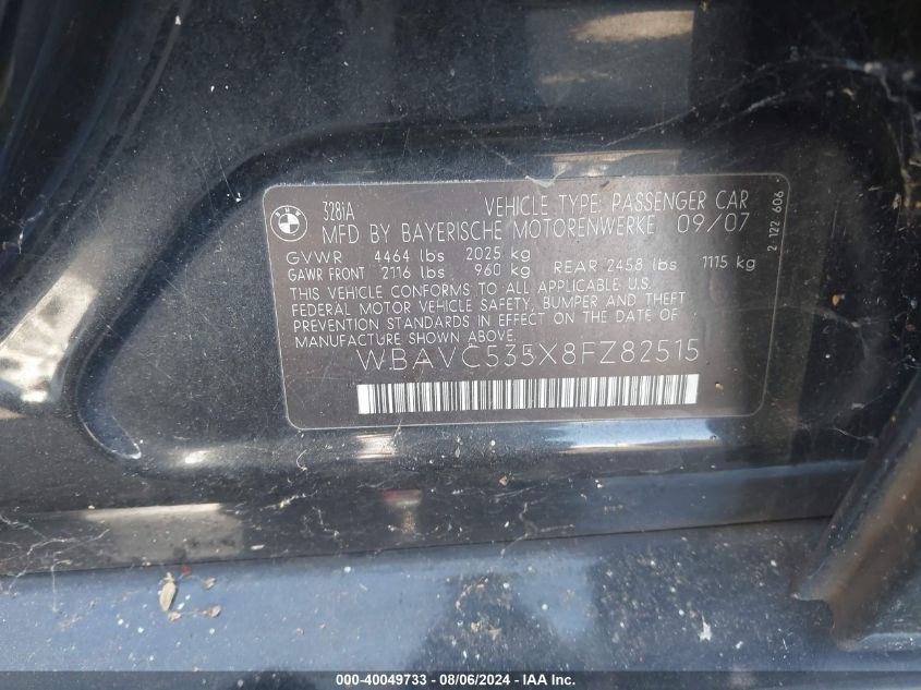 2008 BMW 328I I Sulev VIN: WBAVC535X8FZ82515 Lot: 40049733