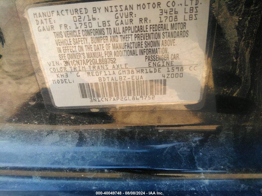 2016 Nissan Versa 1.6 S/1.6 S+/1.6 Sl/1.6 Sv VIN: 3N1CN7AP2GL869752 Lot: 40049748