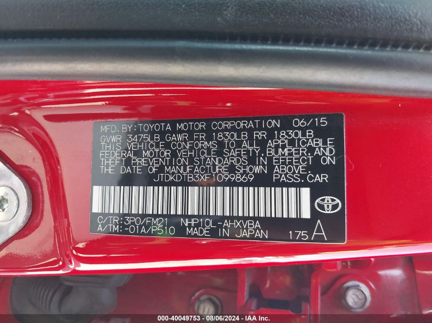 JTDKDTB3XF1099869 2015 Toyota Prius C Two