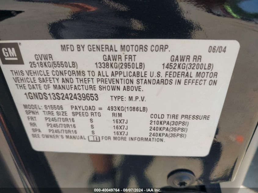 2004 Chevrolet Trailblazer Ls VIN: 1GNDS13S242439653 Lot: 40049764