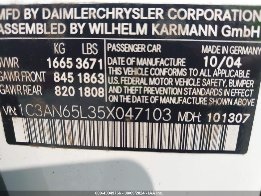 2005 Chrysler Crossfire Limited VIN: 1C3AN65L35X047103 Lot: 40049766