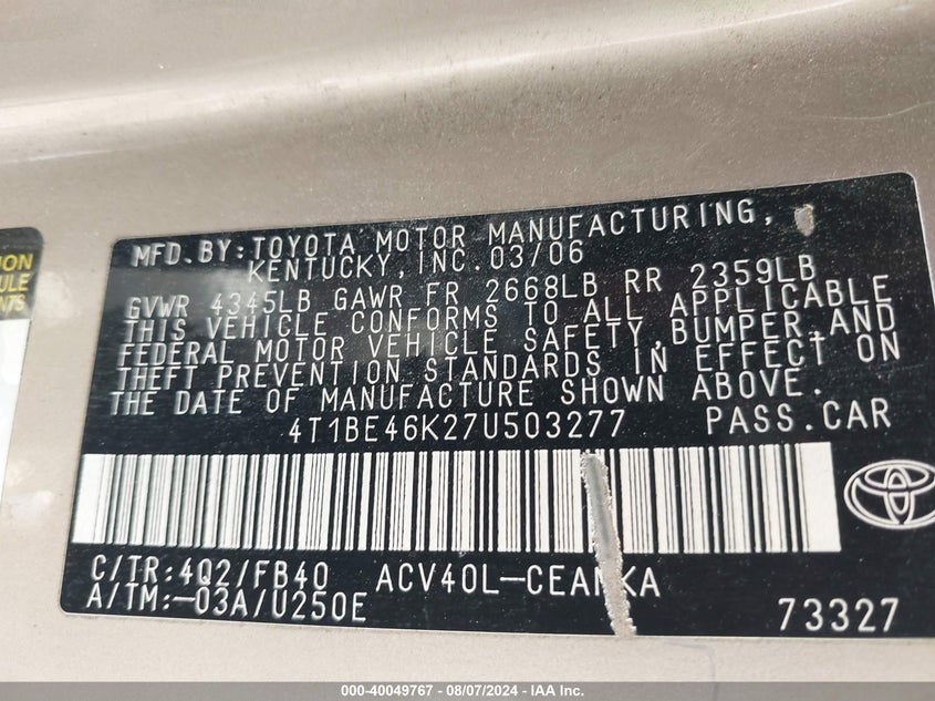 2007 Toyota Camry Ce/Le/Xle/Se VIN: 4T1BE46K27U503277 Lot: 40049767