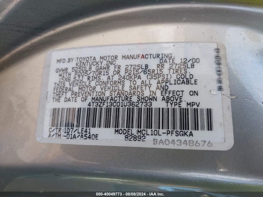 2001 Toyota Sienna Xle VIN: 4T3ZF13C01U362733 Lot: 40049773