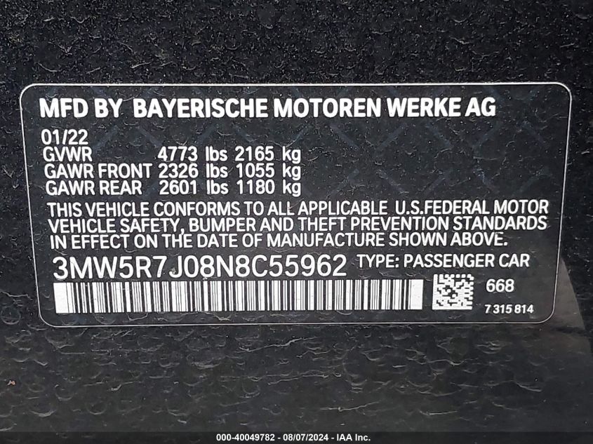 2022 BMW 330I VIN: 3MW5R7J08N8C55962 Lot: 40049782