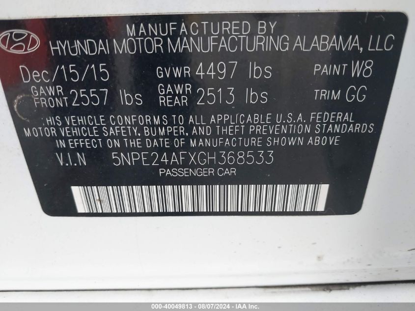 2016 Hyundai Sonata Se VIN: 5NPE24AFXGH368533 Lot: 40049813