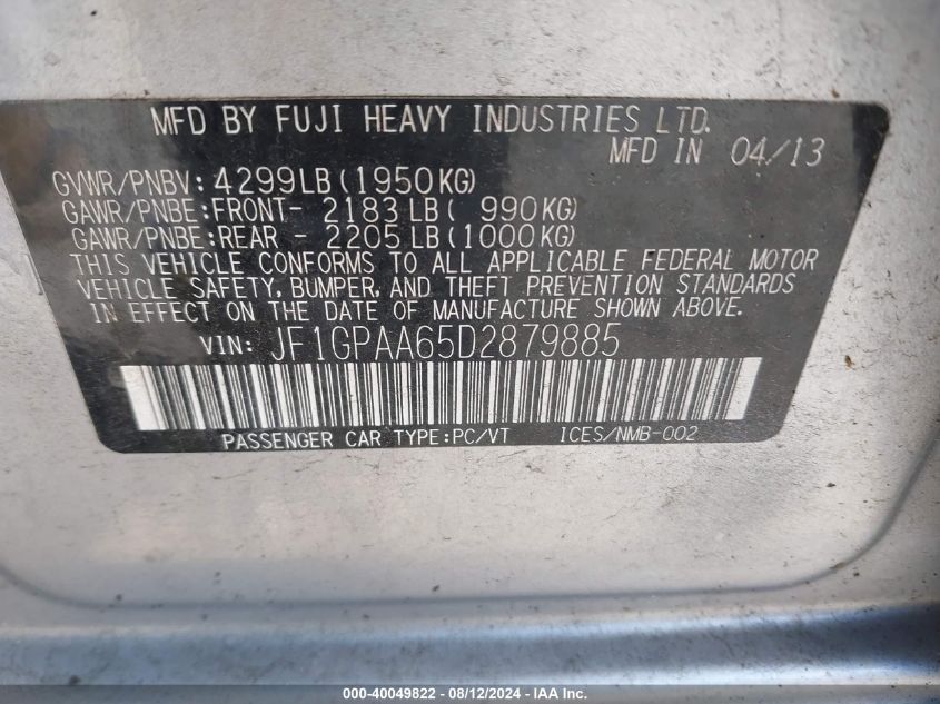 2013 Subaru Impreza 2.0I VIN: JF1GPAA65D2879885 Lot: 40049822