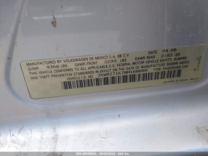 2008 Volkswagen Jetta Se/Sel VIN: 3VWRZ71K78M168889 Lot: 40049824