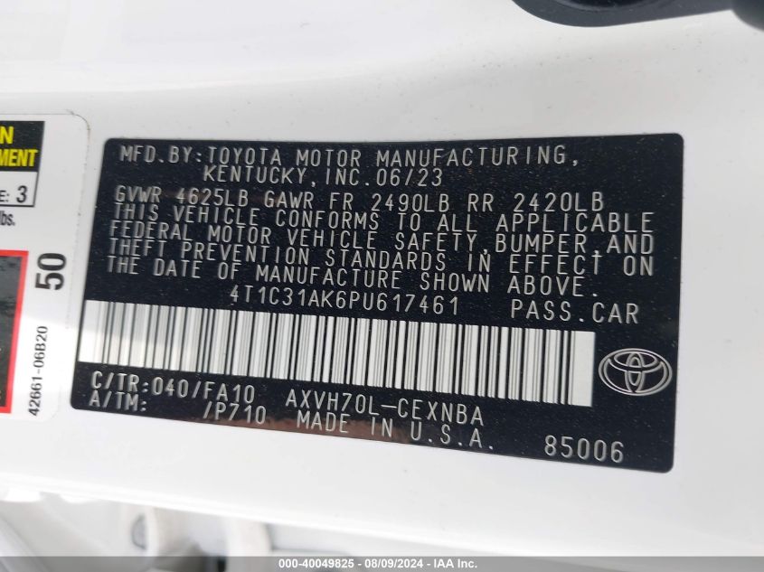 2023 Toyota Camry Le Hybrid VIN: 4T1C31AK6PU617461 Lot: 40049825