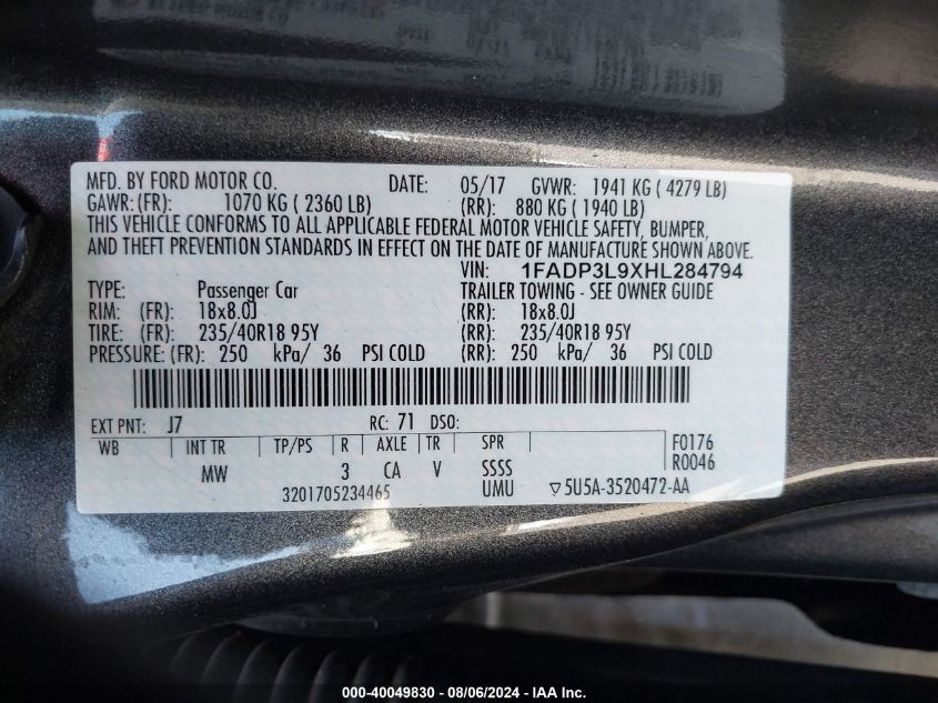 2017 Ford Focus St VIN: 1FADP3L9XHL284794 Lot: 40049830