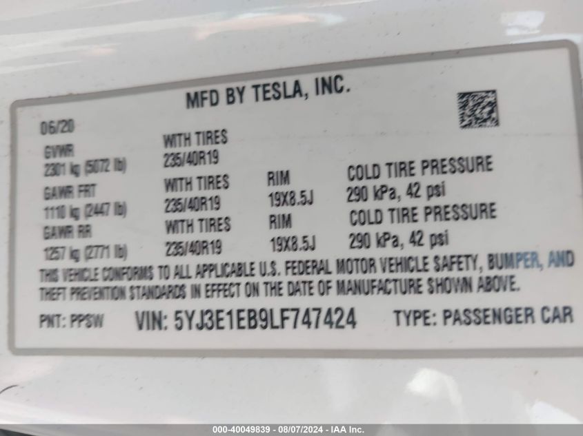 2020 TESLA MODEL 3 - 5YJ3E1EB9LF747424