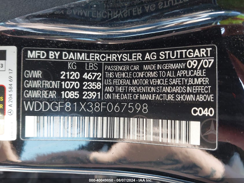 2008 Mercedes-Benz C 300 Luxury 4Matic/Sport 4Matic VIN: WDDGF81X38F067598 Lot: 40049850