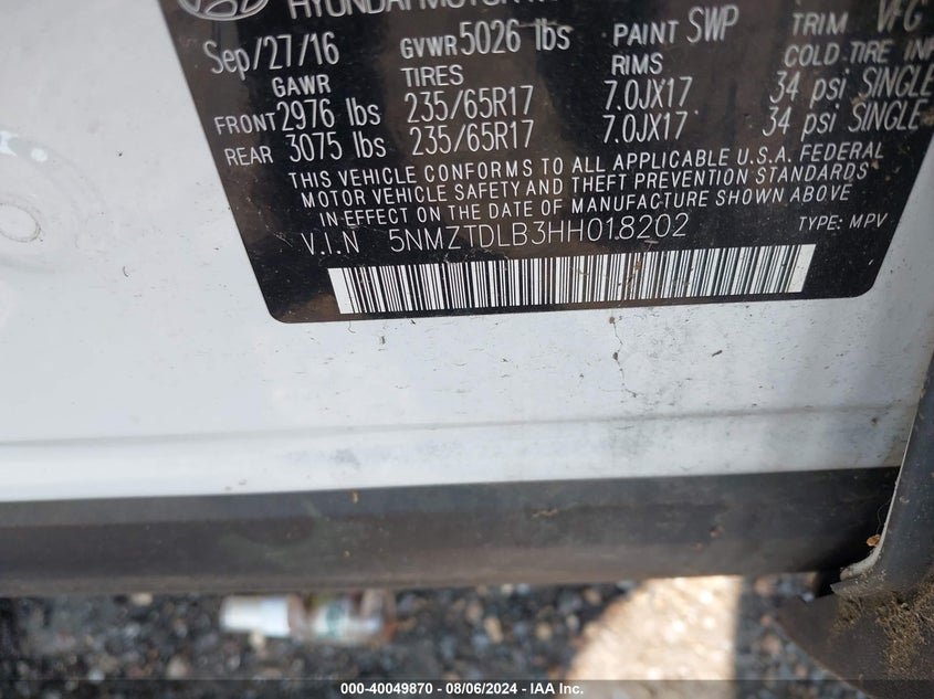 2017 Hyundai Santa Fe Sport 2.4L VIN: 5NMZTDLB3HH018202 Lot: 40049870