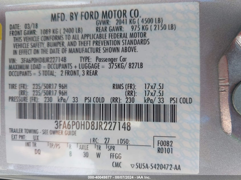 VIN 3FA6P0HD8JR227148 2018 FORD FUSION SE