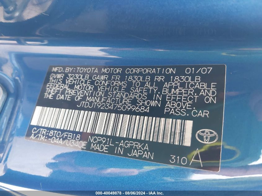 2007 Toyota Yaris VIN: JTDJT923475099684 Lot: 40049878