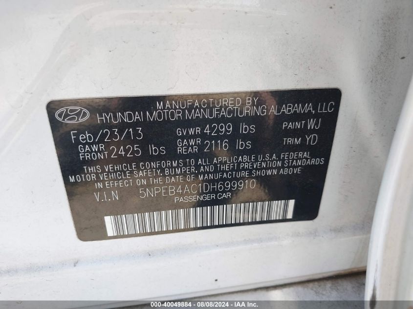 2013 Hyundai Sonata Gls VIN: 5NPEB4AC1DH699910 Lot: 40049884
