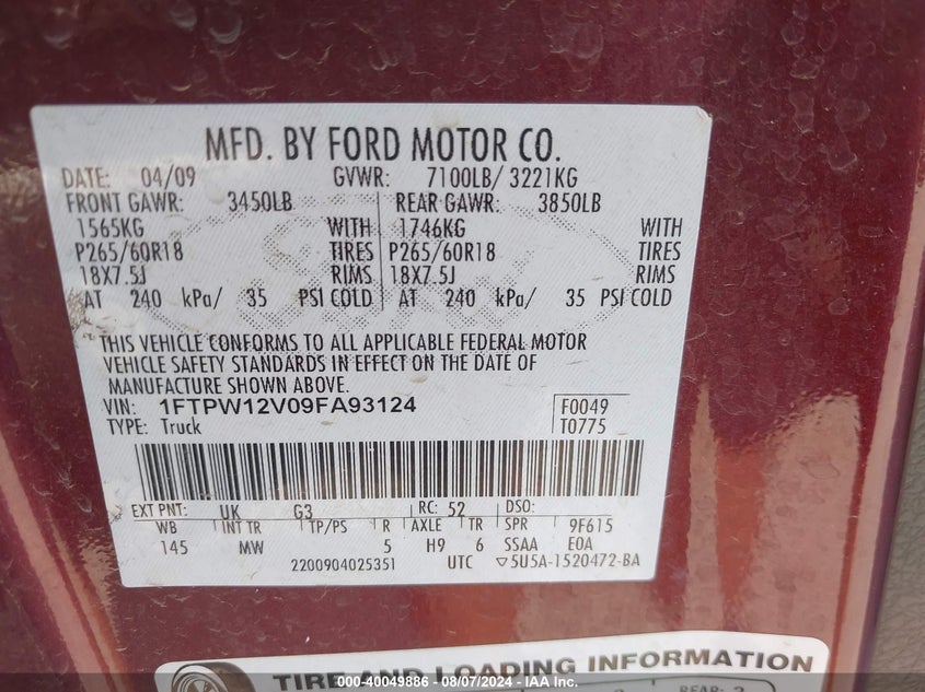 2009 Ford F-150 Xlt VIN: 1FTPW12V09FA93124 Lot: 40049886