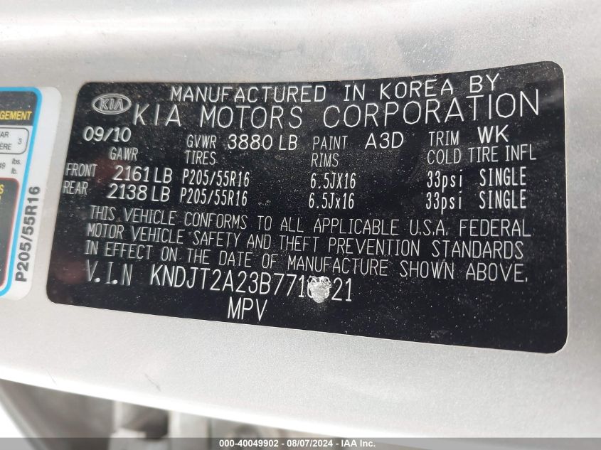 2011 Kia Soul +/!/Sport VIN: KNDJT2A23B7716621 Lot: 40049902