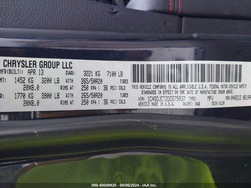 2013 Dodge Durango R/T VIN: 1C4SDJCT2DC675037 Lot: 40049920