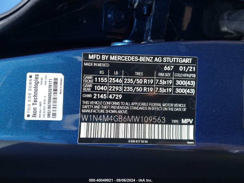 VIN W1N4M4GB6MW109563 2021 Mercedes-Benz GLB-Class,... no.9