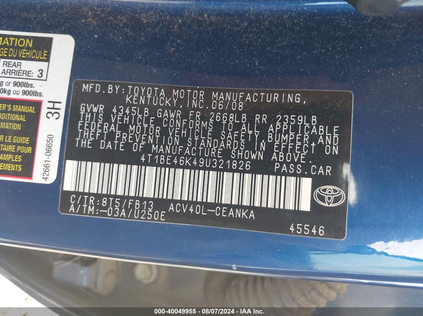 2009 Toyota Camry Le VIN: 4T1BE46K49U321826 Lot: 40049955