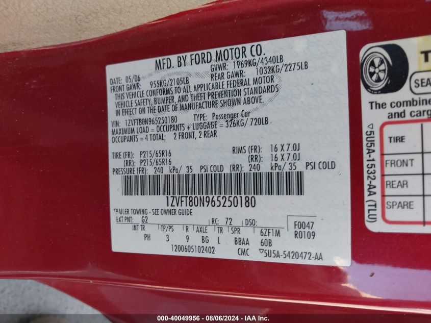 2006 Ford Mustang V6 VIN: 1ZVFT80N965250180 Lot: 40049956