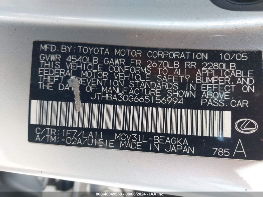 2006 Lexus Es 330 VIN: JTHBA30G665156994 Lot: 40049958