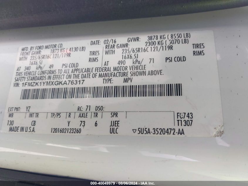 2016 Ford Transit-150 Xlt VIN: 1FMZK1YMXGKA76317 Lot: 40049979