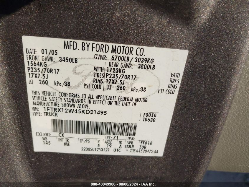 2005 Ford F-150 Stx/Xl/Xlt VIN: 1FTRX12W45KD21495 Lot: 40049986