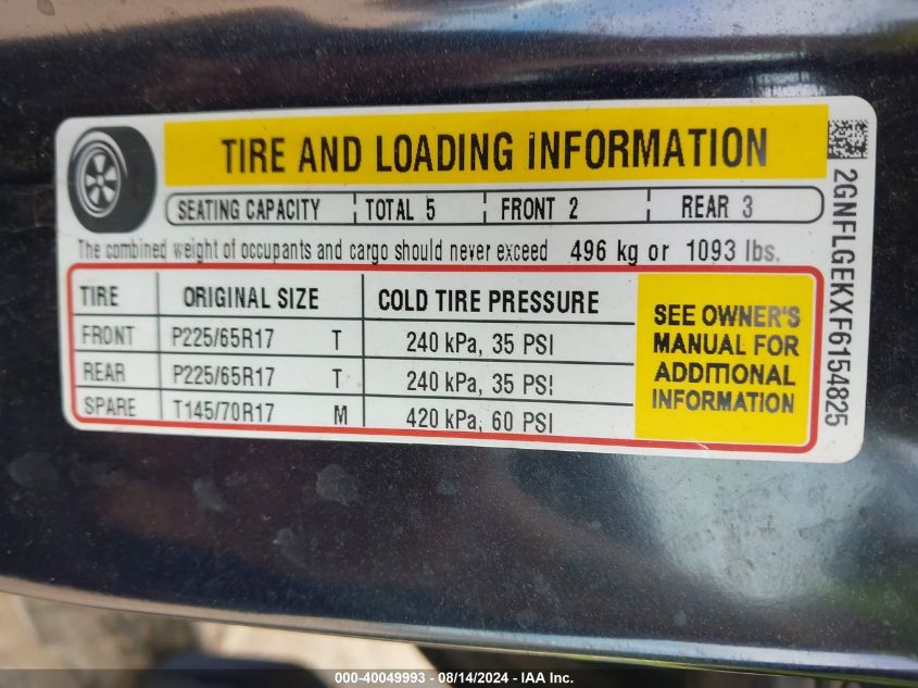 2015 Chevrolet Equinox 2Lt VIN: 2GNFLGEKXF6154825 Lot: 40049993