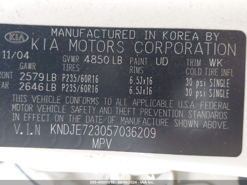 2005 Kia Sportage Ex V6/Lx V6 VIN: KNDJE723057036209 Lot: 40050010