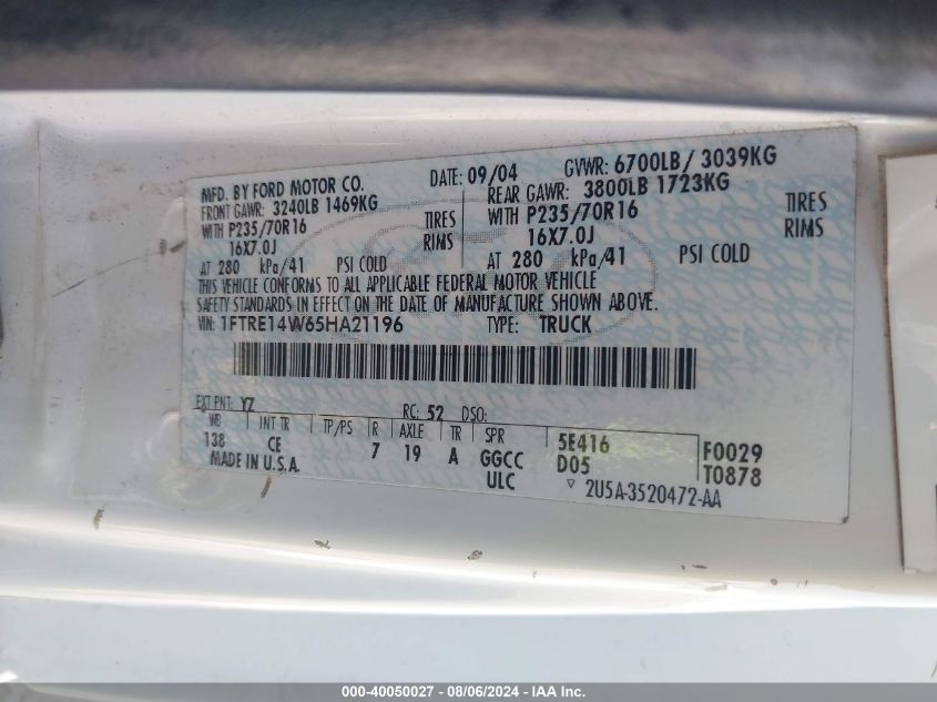 2005 Ford E-150 Commercial/Recreational VIN: 1FTRE14W65HA21196 Lot: 40050027