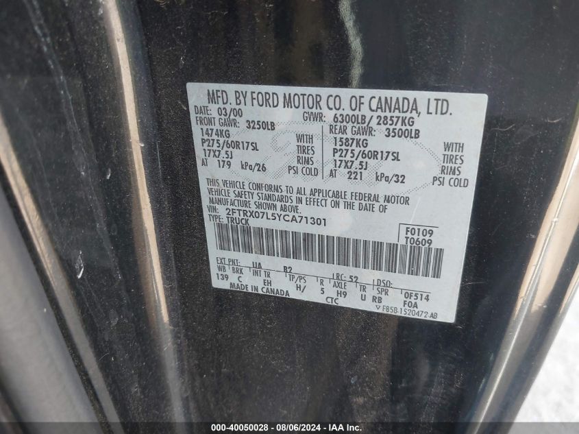 2000 Ford F-150 Lariat/Xl/Xlt VIN: 2FTRX07L5YCA71301 Lot: 40050028