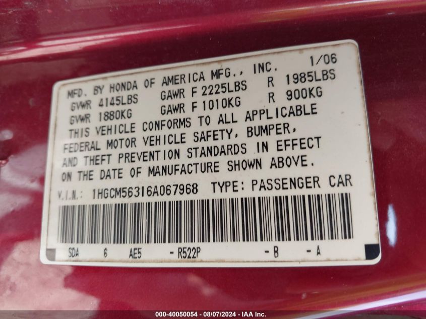 2006 Honda Accord 2.4 Se VIN: 1HGCM56316A067968 Lot: 40050054