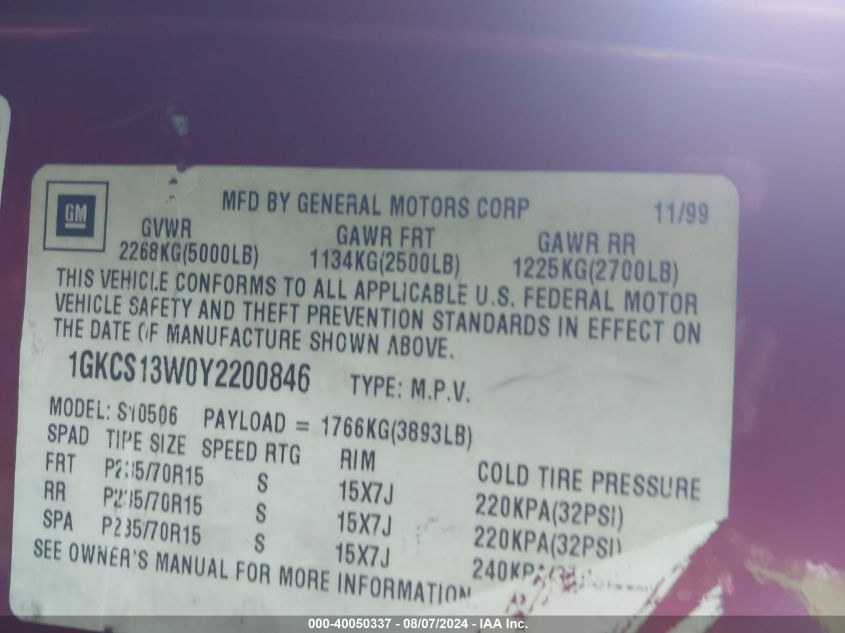 2000 GMC Jimmy Sle VIN: 1GKCS13W0Y2200846 Lot: 40050337