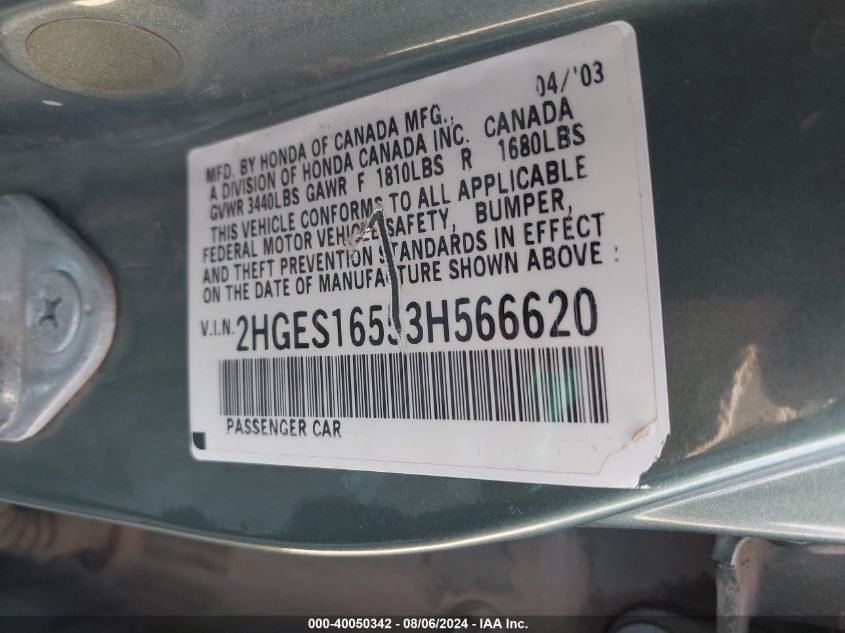 2003 Honda Civic Lx VIN: 2HGES16553H566620 Lot: 40050342
