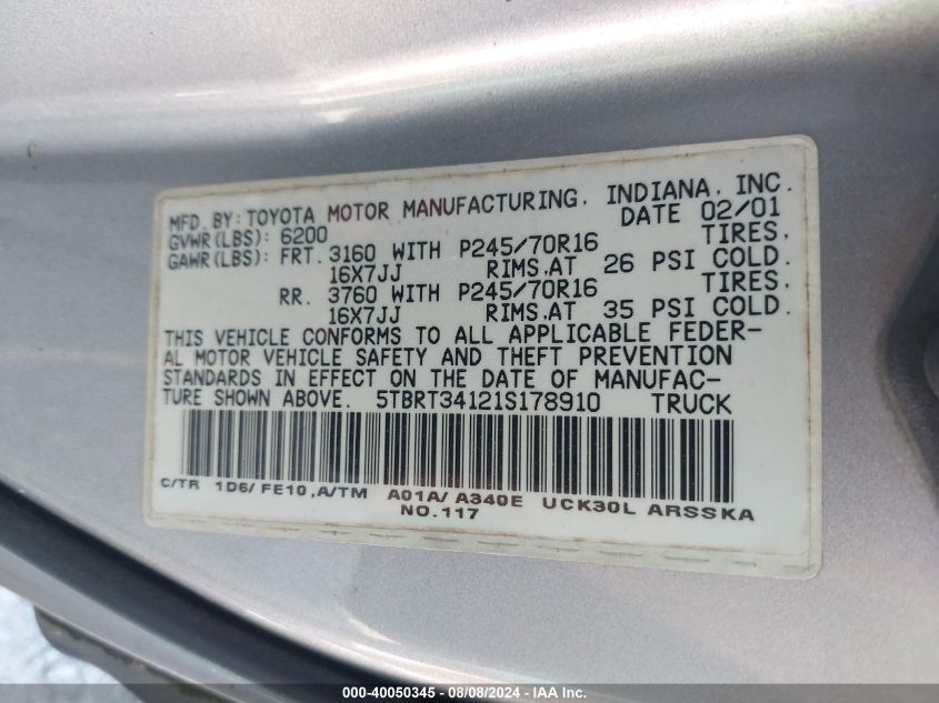 2001 Toyota Tundra Sr5 VIN: 5TBRT34121S178910 Lot: 40050345